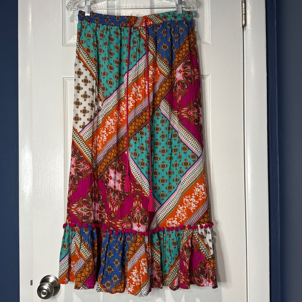 RD + Koko Womens Boho Patchwork Maxi Skirt Pink Pom Pom Trim Tassel Medium NEW